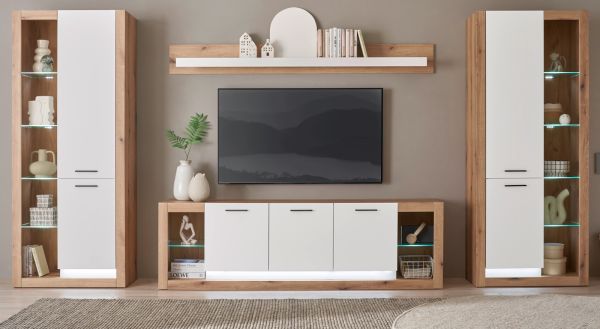 Wohnwand Rivian in wei matt und Evoke Eiche Wohnkombination Set 4-teilig 398 cm