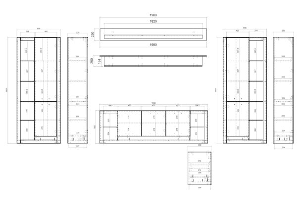 Wohnwand Rivian in wei matt und Evoke Eiche Wohnkombination Set 4-teilig 398 cm