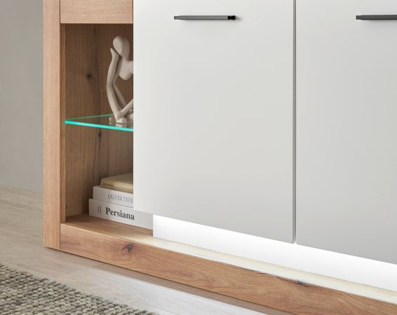 Wohnwand Rivian in wei matt und Evoke Eiche Wohnkombination Set 4-teilig 398 cm