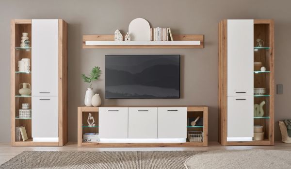 Wohnwand Rivian in wei matt und Evoke Eiche Wohnkombination Set 4-teilig 398 cm