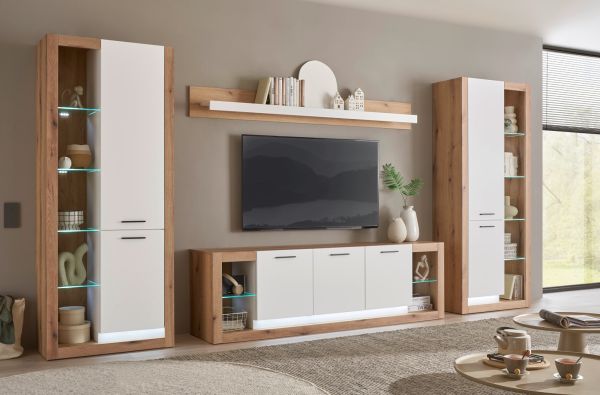 Wohnwand Rivian in wei matt und Evoke Eiche Wohnkombination Set 4-teilig 398 cm