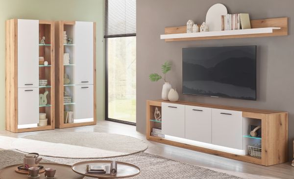 Wohnwand Rivian in wei matt und Evoke Eiche Wohnkombination Set 4-teilig 398 cm