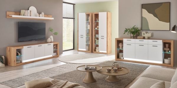 Wohnwand Rivian in wei matt und Evoke Eiche Wohnkombination Set 4-teilig 398 cm