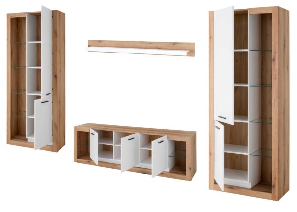 Wohnwand Rivian in wei matt und Evoke Eiche Wohnkombination Set 4-teilig 398 cm