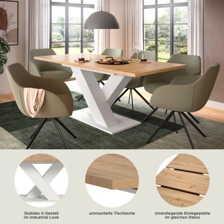 Esstisch Home-X in Artisan Eiche und wei Tisch ausziehbar 150 - 190 cm