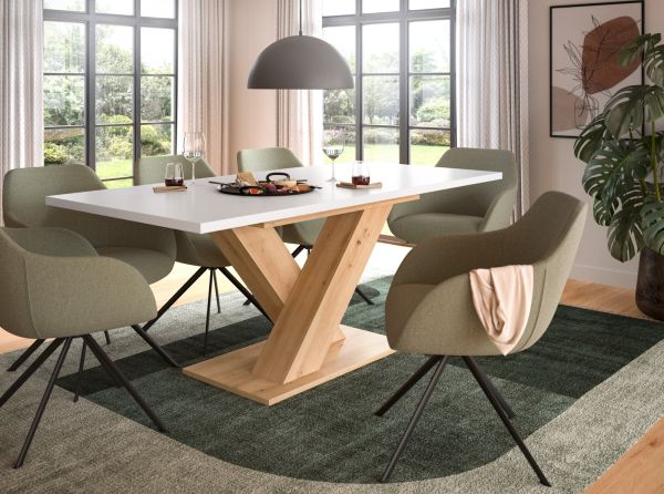 Esstisch Home-X in wei und Artisan Eiche Tisch ausziehbar 150 - 190 cm