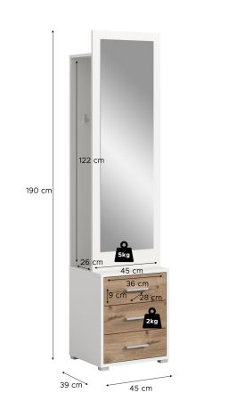 Kompaktgarderobe Pallas in wei und Nox Eiche Garderobe mit Spiegel 45 x 190 cm