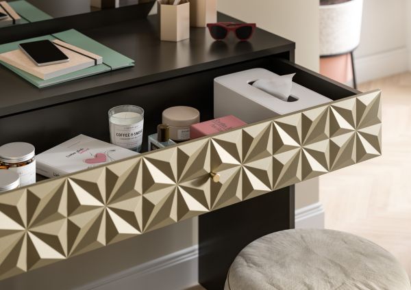 Schminktisch Relief in schwarz und Gold mit 3-D Struktur Kosmetiktisch mit Spiegel 90 cm