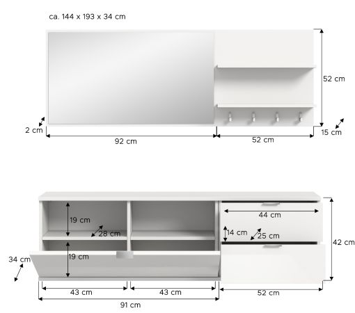 Garderobe Set 4-teilig SystemX in wei Hochglanz Garderobenkombination 144 cm
