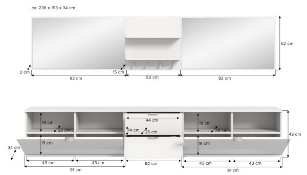 Garderobe Set 6-teilig SystemX in wei Hochglanz Garderobenkombination 236 cm