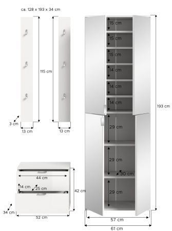 Garderobe Set 4-teilig SystemX in wei Hochglanz Garderobenkombination 128 cm