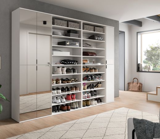 Garderobenschrank mit Spiegeltr SystemX in wei Hochglanz Schuhschrank 251 x 193 cm