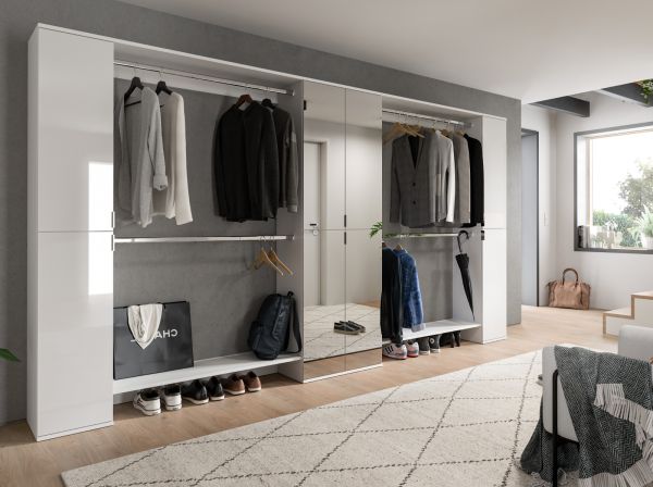 Garderobenschrank mit Spiegeltr SystemX in wei Hochglanz Schuhschrank 341 x 193 cm