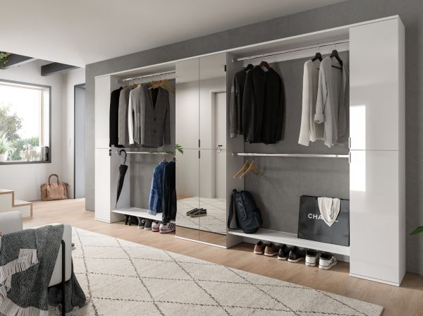 Garderobenschrank mit Spiegeltr SystemX in wei Hochglanz Schuhschrank 341 x 193 cm