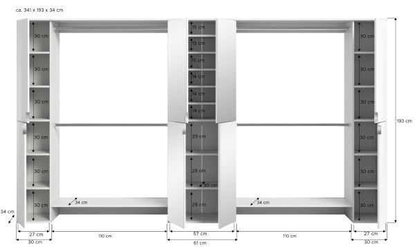 Garderobenschrank mit Spiegeltr SystemX in wei Hochglanz Schuhschrank 341 x 193 cm