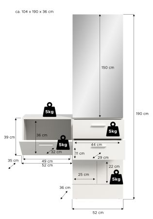 Garderobe Set 2-teilig Carry in wei Garderobenkombination mit Spiegel 104 x 190 cm