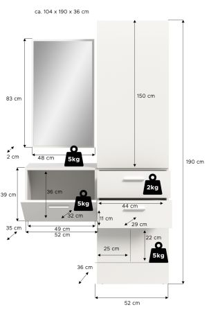 Garderobe Set 3-teilig Carry in wei Garderobenkombination mit Spiegel 104 x 190 cm