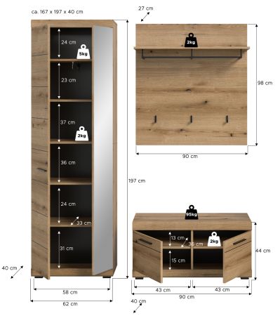 Garderobe Set 3-teilig Shawn in Evoke Eiche Garderobenkombination 167 x 197 cm