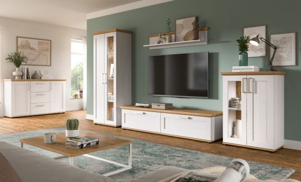 Vitrine Mirano in wei Lrche und Eiche Artisan Landhaus Vitrinenschrank 64 x 161 cm