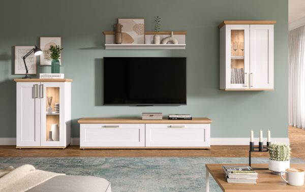 Vitrine Mirano in wei Lrche und Eiche Artisan Landhaus Highboard 64 x 88 cm