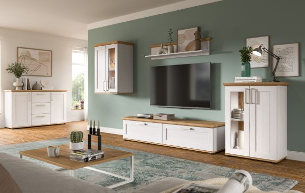 Vitrine Mirano in wei Lrche und Eiche Artisan Landhaus Highboard 64 x 88 cm
