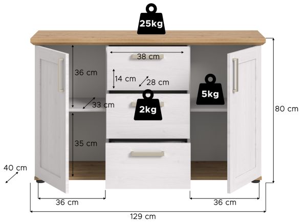 Sideboard Mirano in wei Lrche und Eiche Artisan Landhaus Kommode 129 cm