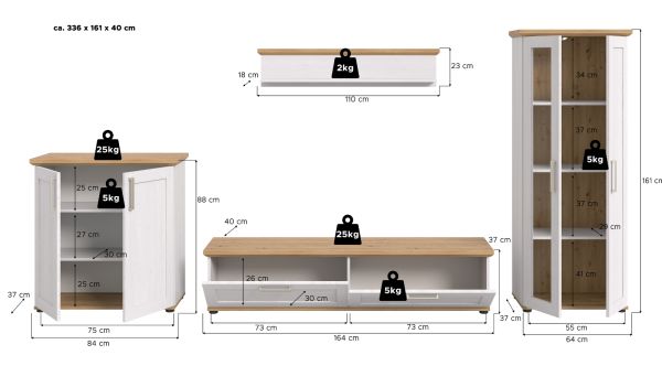 Wohnwand Mirano in wei Lrche und Eiche Artisan Landhaus Wohnkombination 4-teilig 336 cm