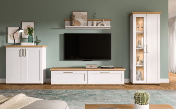 Wohnwand Mirano in wei Lrche und Eiche Artisan Landhaus Wohnkombination 4-teilig 336 cm