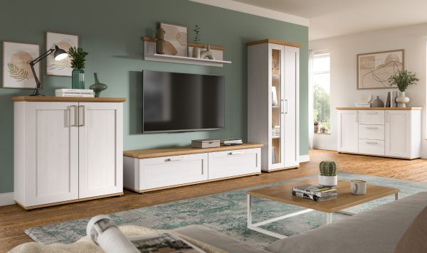 Wohnwand Mirano in wei Lrche und Eiche Artisan Landhaus Wohnkombination 4-teilig 336 cm