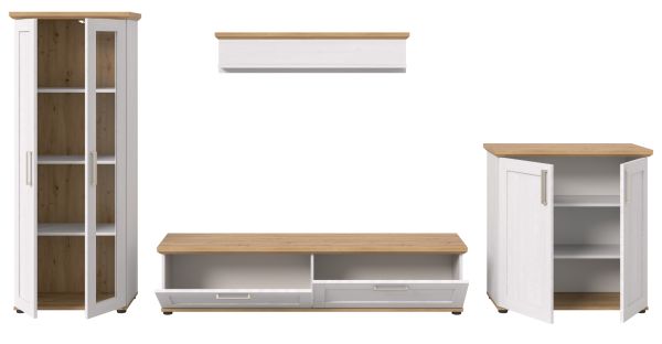 Wohnwand Mirano in wei Lrche und Eiche Artisan Landhaus Wohnkombination 4-teilig 336 cm