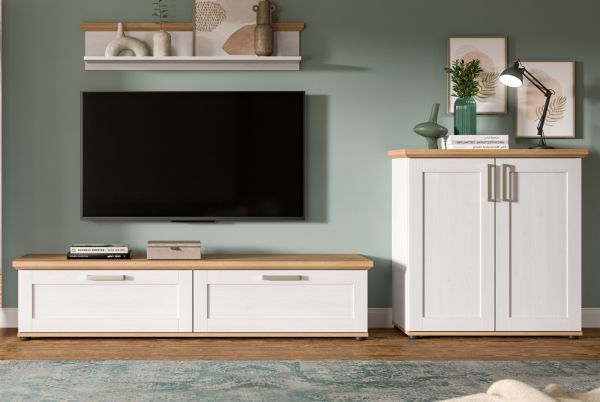 Wohnwand Mirano in wei Lrche und Eiche Artisan Landhaus Wohnkombination 3-teilig 260 cm
