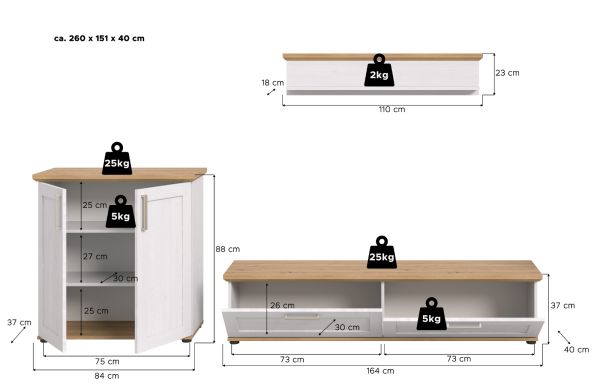 Wohnwand Mirano in wei Lrche und Eiche Artisan Landhaus Wohnkombination 3-teilig 260 cm