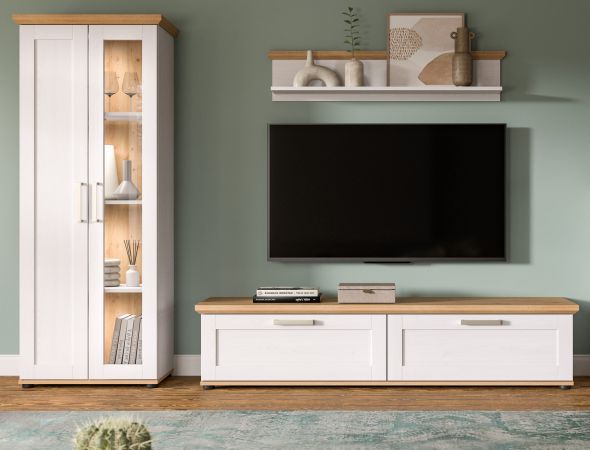 Wohnwand Mirano in wei Lrche und Eiche Artisan Landhaus Wohnkombination 3-teilig 240 cm