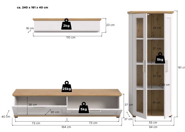 Wohnwand Mirano in wei Lrche und Eiche Artisan Landhaus Wohnkombination 3-teilig 240 cm