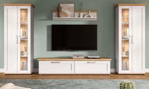 Wohnwand Mirano in wei Lrche und Eiche Artisan Landhaus Wohnkombination 4-teilig 316 cm