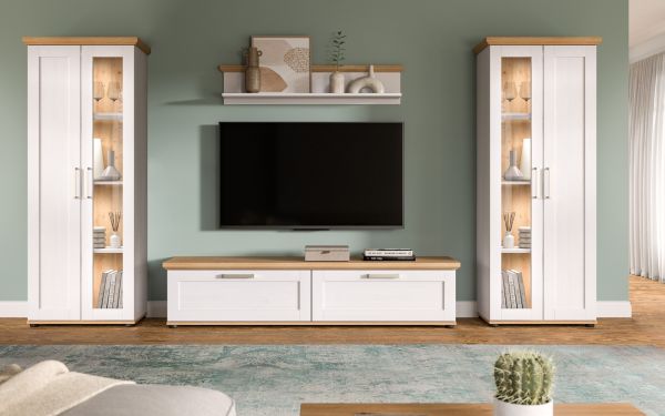 Wohnwand Mirano in wei Lrche und Eiche Artisan Landhaus Wohnkombination 4-teilig 316 cm
