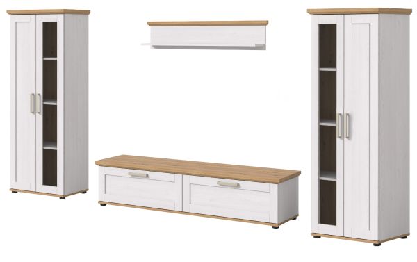Wohnwand Mirano in wei Lrche und Eiche Artisan Landhaus Wohnkombination 4-teilig 316 cm