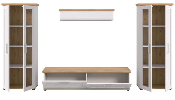 Wohnwand Mirano in wei Lrche und Eiche Artisan Landhaus Wohnkombination 4-teilig 316 cm