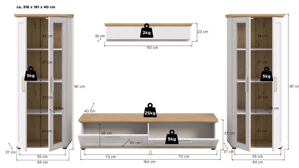 Wohnwand Mirano in wei Lrche und Eiche Artisan Landhaus Wohnkombination 4-teilig 316 cm
