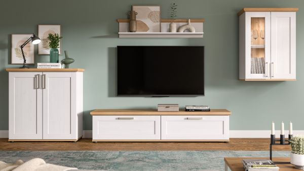 Wohnwand Mirano in wei Lrche und Eiche Artisan Landhaus Wohnkombination 4-teilig 336 cm