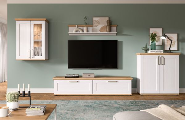 Wohnwand Mirano in wei Lrche und Eiche Artisan Landhaus Wohnkombination 4-teilig 336 cm