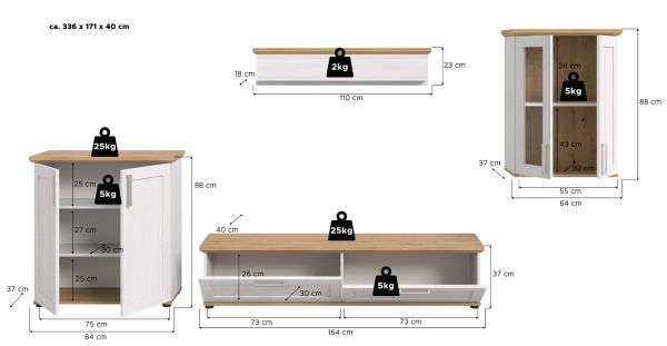 Wohnwand Mirano in wei Lrche und Eiche Artisan Landhaus Wohnkombination 4-teilig 336 cm
