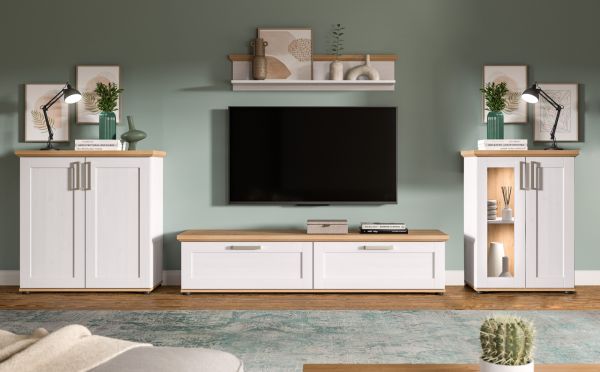 Wohnwand Mirano in wei Lrche und Eiche Artisan Landhaus Wohnkombination 4-teilig 336 cm