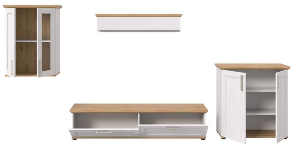 Wohnwand Mirano in wei Lrche und Eiche Artisan Landhaus Wohnkombination 4-teilig 336 cm