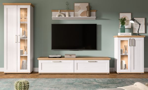 Wohnwand Mirano in wei Lrche und Eiche Artisan Landhaus Wohnkombination 4-teilig 316 cm