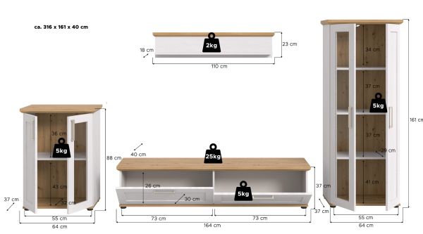 Wohnwand Mirano in wei Lrche und Eiche Artisan Landhaus Wohnkombination 4-teilig 316 cm