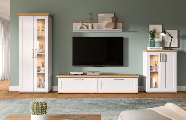 Wohnwand Mirano in wei Lrche und Eiche Artisan Landhaus Wohnkombination 4-teilig 316 cm
