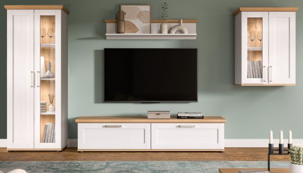 Wohnwand Mirano in wei Lrche und Eiche Artisan Landhaus Wohnkombination 4-teilig 316 cm