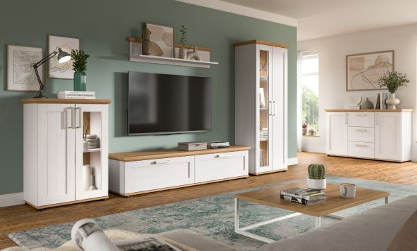 Wohnwand Mirano in wei Lrche und Eiche Artisan Landhaus Wohnkombination 4-teilig 316 cm