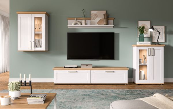 Wohnwand Mirano in wei Lrche und Eiche Artisan Landhaus Wohnkombination 4-teilig 316 cm